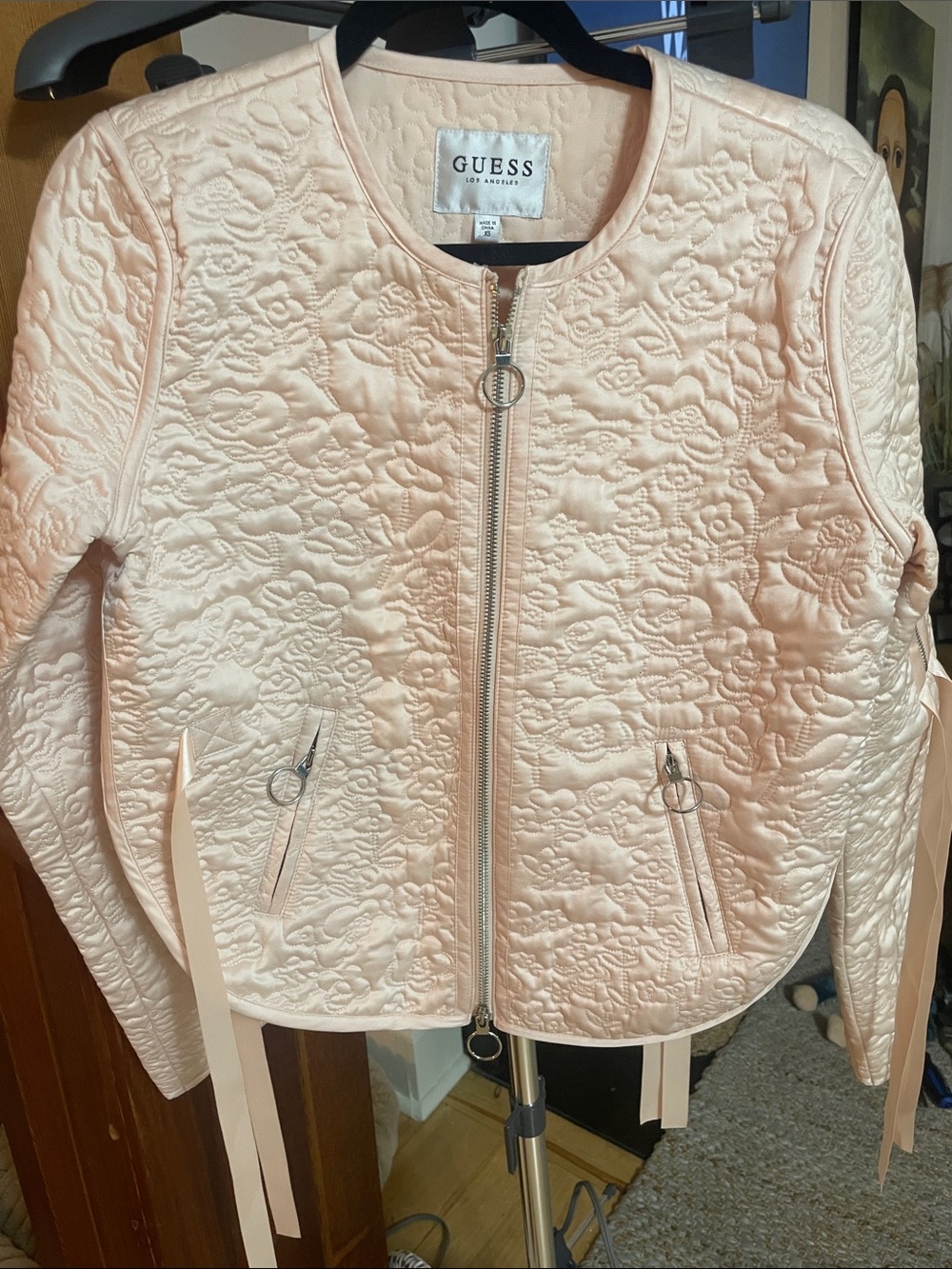 GUESS Pale Peach Quilted Floral Bomber Jacket